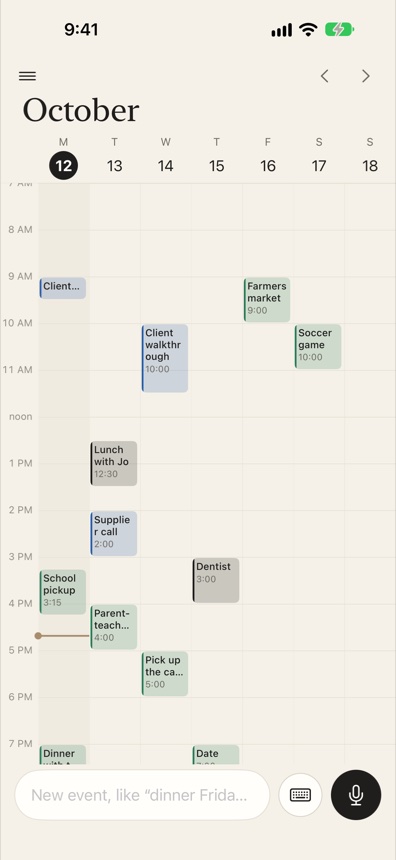 A week at a glance with events from several calendars, each in its space's color.