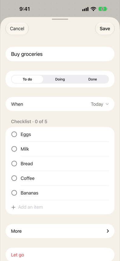 A task named Buy groceries holding a checklist: eggs, milk, bread, coffee and bananas.