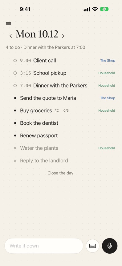 One Good List showing a day with work and household items together, each tagged with its space.